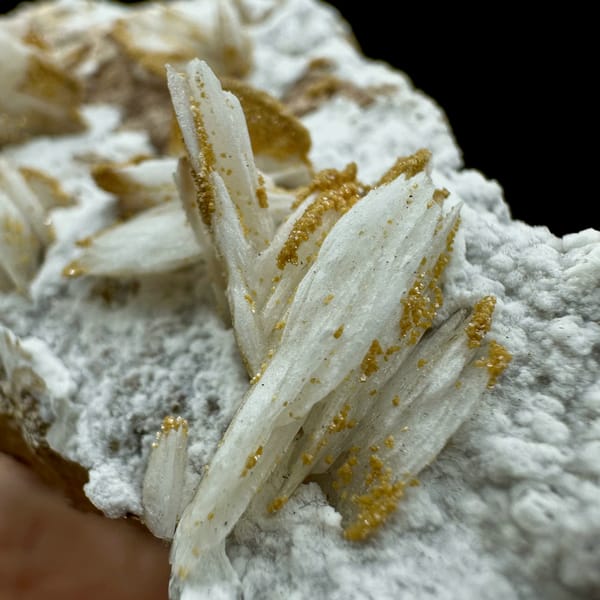 Tan baryte blades on white aragonite with vanadinite from Morocco, top view