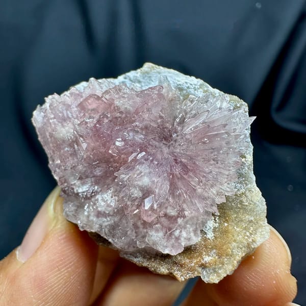 Pink radiating creedite flowers on tan matrix from Guizhou, China, held in hand