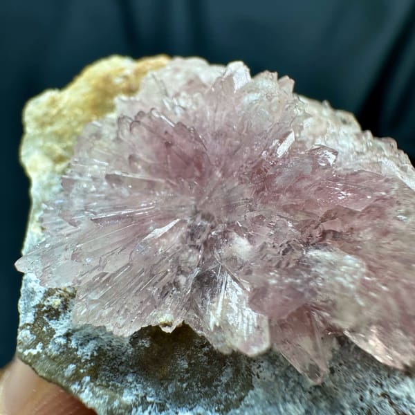 Pink radiating creedite flowers on tan matrix from Guizhou, China, close-up of the crystal faces