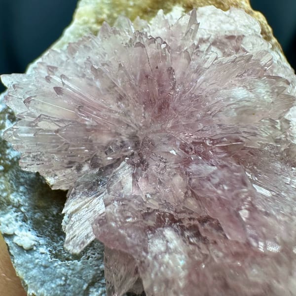 Pink radiating creedite flowers on tan matrix from Guizhou, China, reverse side