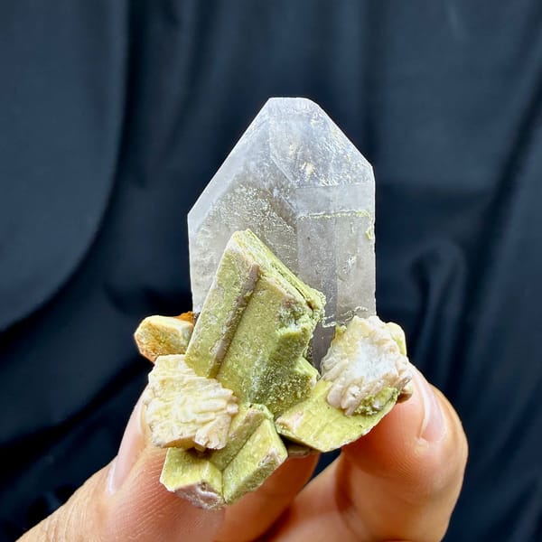 Lavender smoky quartz crystal with lime-green feldspar from Fujian, China, reverse side