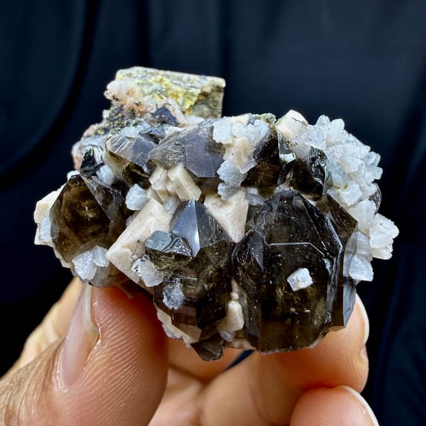 Dark smoky quartz crystals with white feldspar and mica from Yunxiao, Fujian, China, reverse side