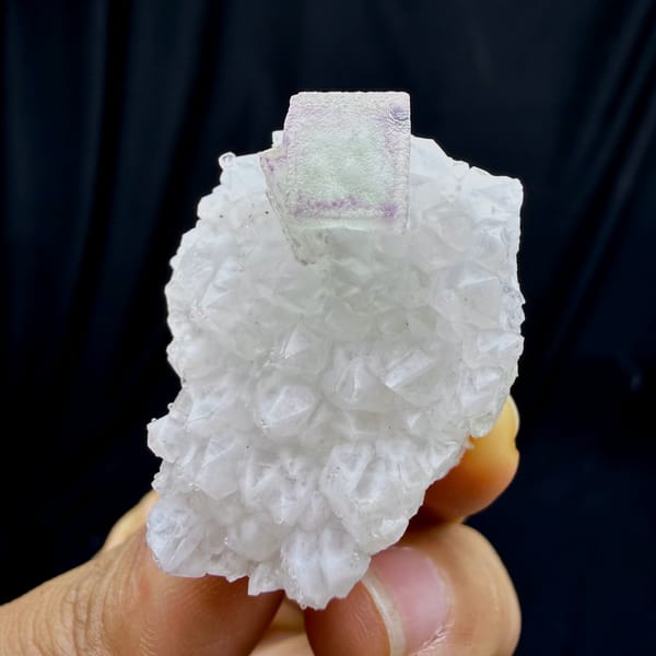 Purple-framed green fluorite cube on white quartz stalk from Zhejiang, China, second angle