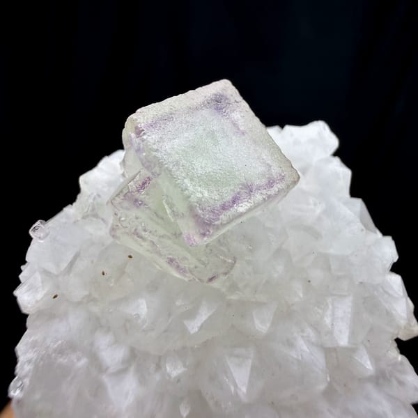 Purple-framed green fluorite cube on white quartz stalk from Zhejiang, China, reverse side
