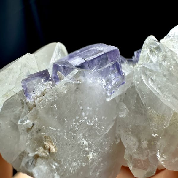 Pale lavender fluorite cubes with white quartz from Yaogangxian Mine, Hunan, China, close-up of the crystal faces