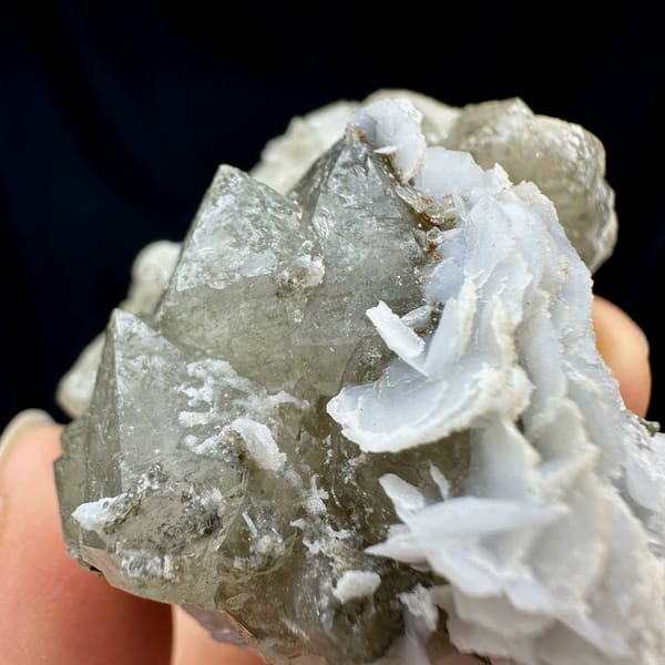Double-terminated green quartz with calcite plates from Inner Mongolia, China, top view