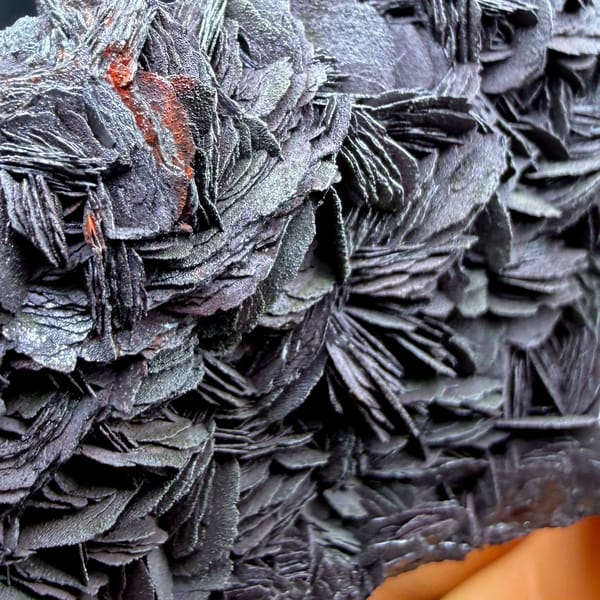 Black-rose specular hematite plate of overlapping petals from Guangdong, China, second angle