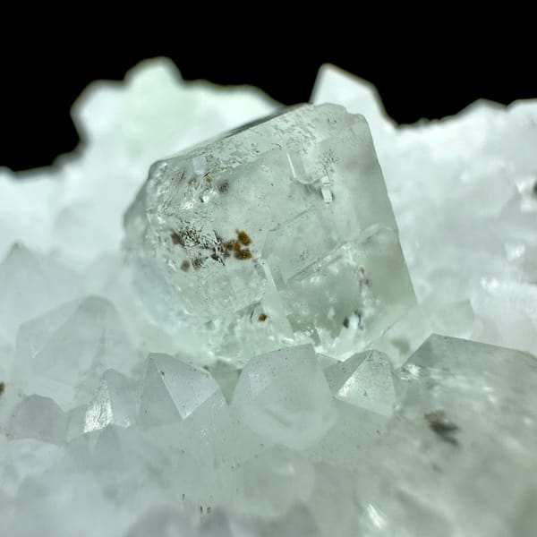 Pale green fluorite cube nested in white quartz points from Guangdong, China, reverse side