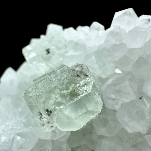 Pale green fluorite cube nested in white quartz points from Guangdong, China, top view