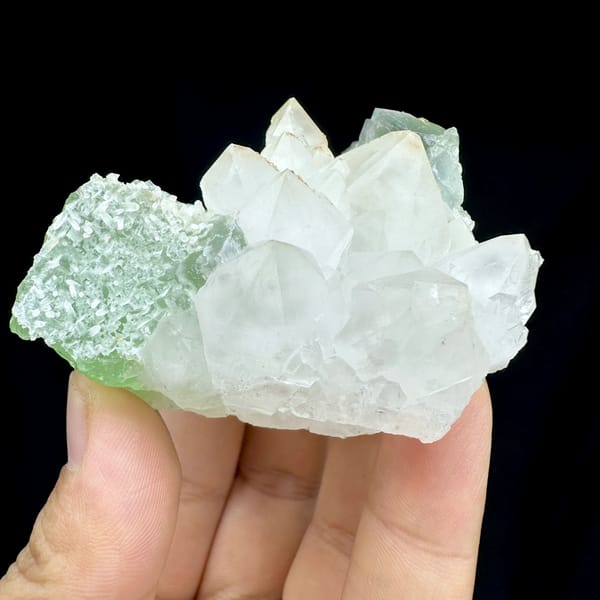 White quartz cluster flanked by mint-green fluorite cubes from Fujian, China, second angle