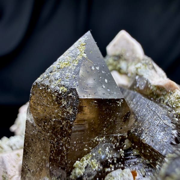 Dark smoky quartz crystals with cream feldspar and mica from Yunxiao, Fujian, China, second angle