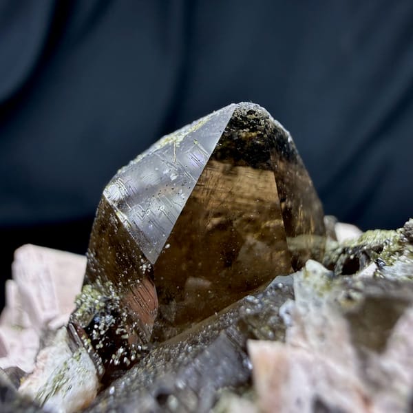 Dark smoky quartz crystals with cream feldspar and mica from Yunxiao, Fujian, China, reverse side
