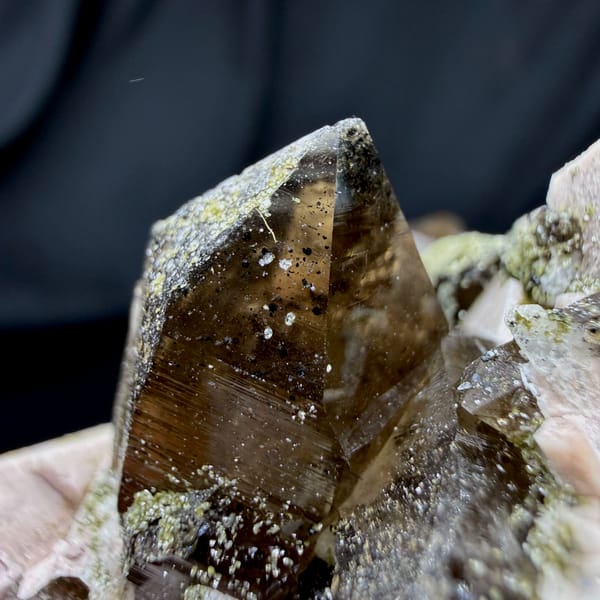 Dark smoky quartz crystals with cream feldspar and mica from Yunxiao, Fujian, China, top view