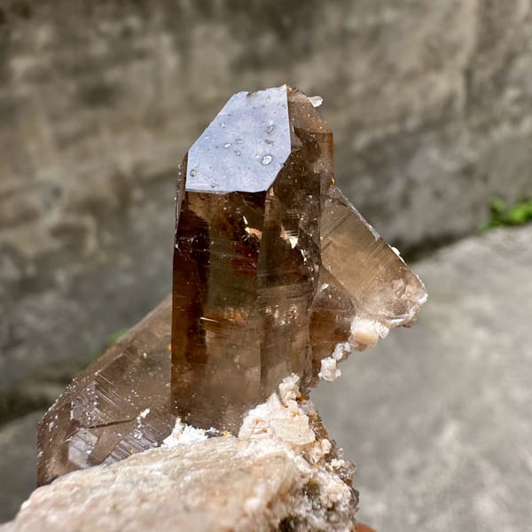 Smoky quartz floater with cream feldspar wing from Yunxiao, Fujian, China, second angle