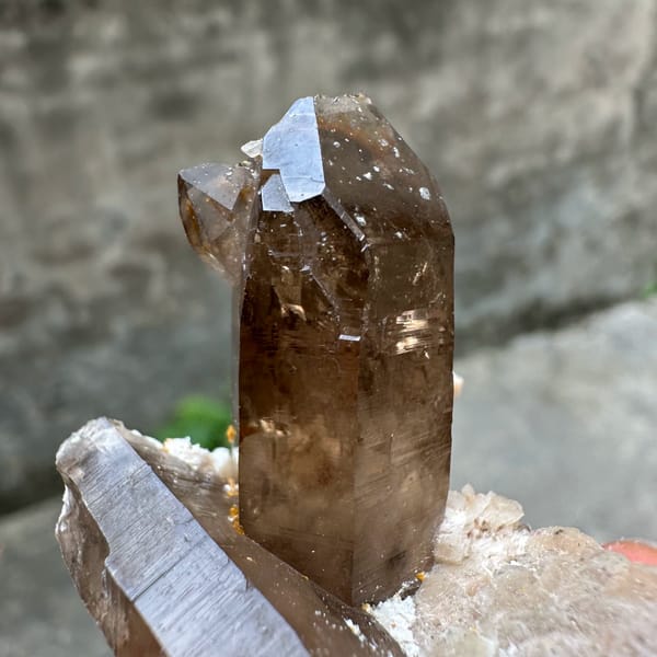 Smoky quartz floater with cream feldspar wing from Yunxiao, Fujian, China, close-up of the crystal faces