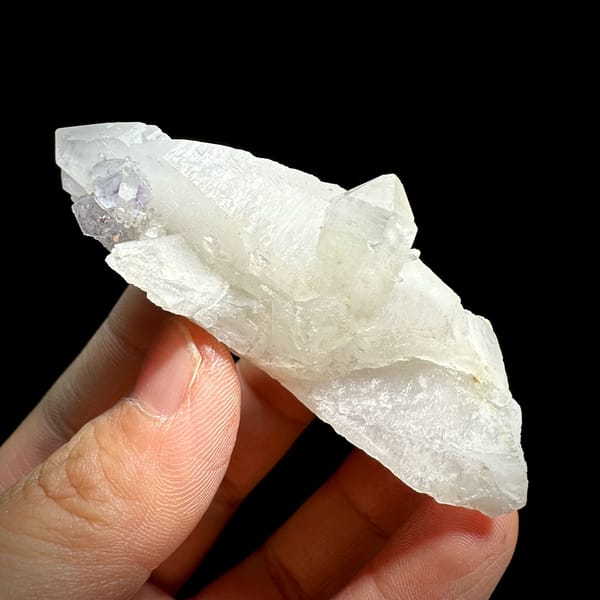 Large frosted quartz crystal with purple-cored fluorite from Yaogangxian Mine, Hunan, China, second angle