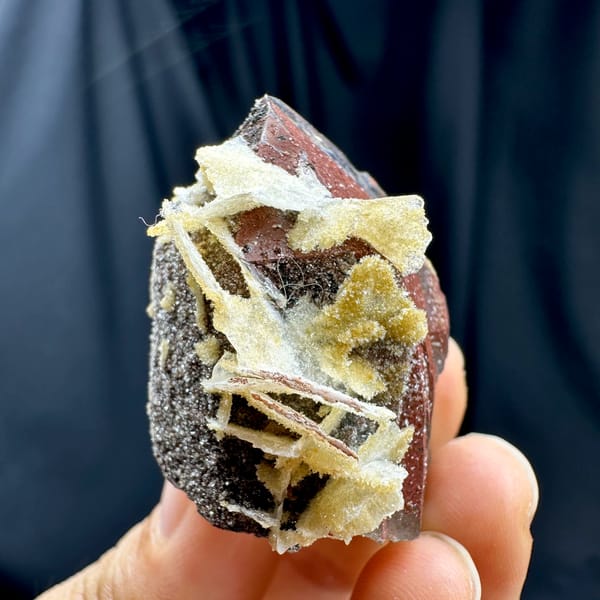 Red-skinned smoky quartz crystal with cream calcite from Yunxiao, Fujian, China, second angle