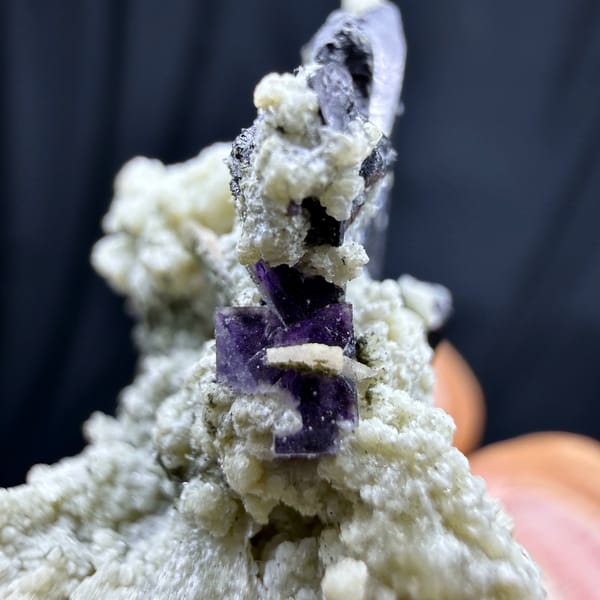 Black wolframite blades with purple fluorite and mica from Yaogangxian Mine, Hunan, China, reverse side