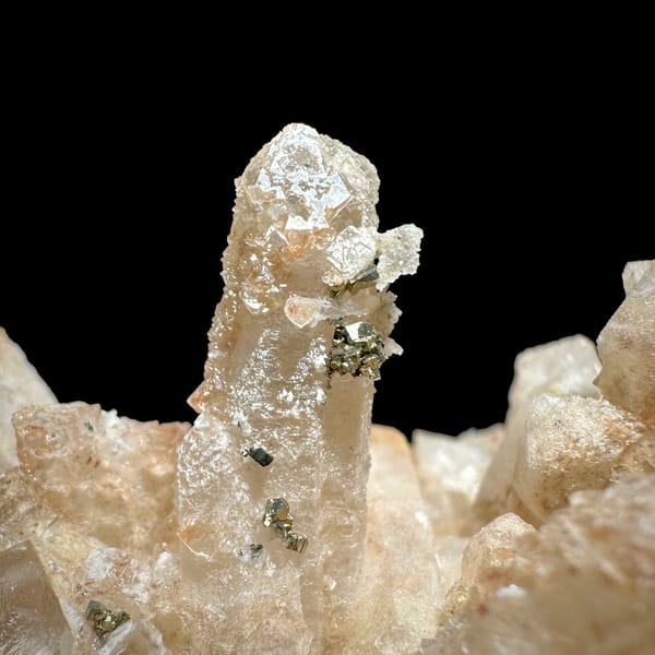 Spiky cluster of pale quartz needles with pyrite from Inner Mongolia, China, reverse side