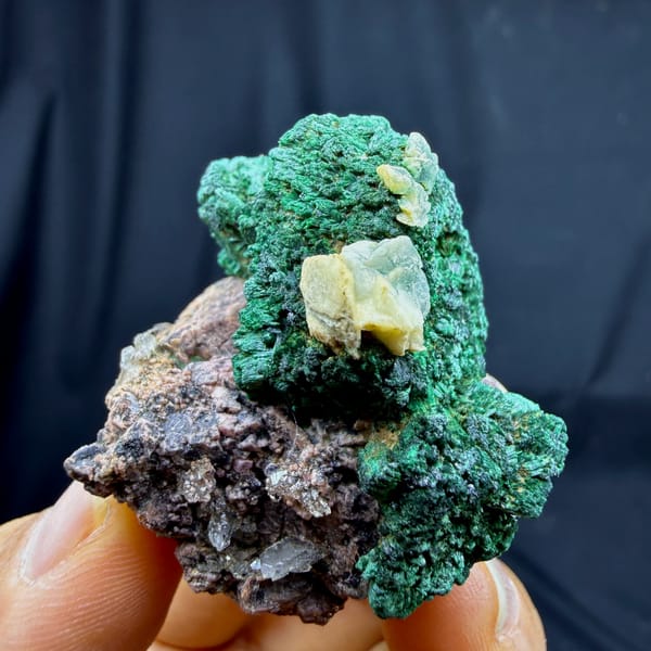 Deep green malachite crust with calcite and cobaltoan calcite from DR Congo, second angle