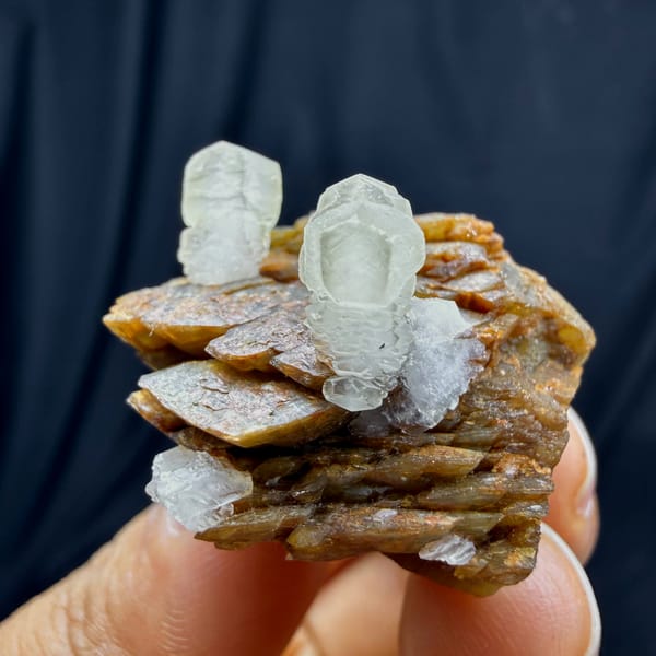 Pale calcite prisms on golden-brown siderite plates from Guizhou, China, close-up of the crystal faces