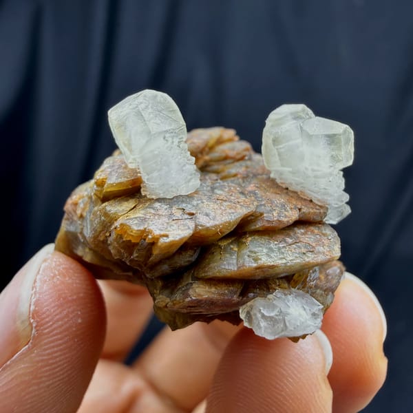 Pale calcite prisms on golden-brown siderite plates from Guizhou, China, reverse side