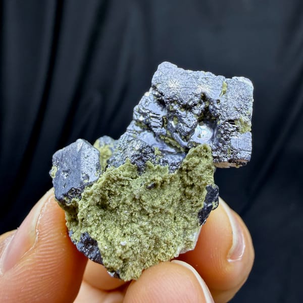 Etched galena cube on green-crusted matrix from Inner Mongolia, China, second angle