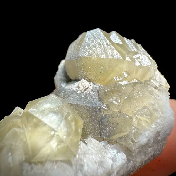 Pale yellow-green calcite rhombs with cream dolomite from Fujian, China, top view