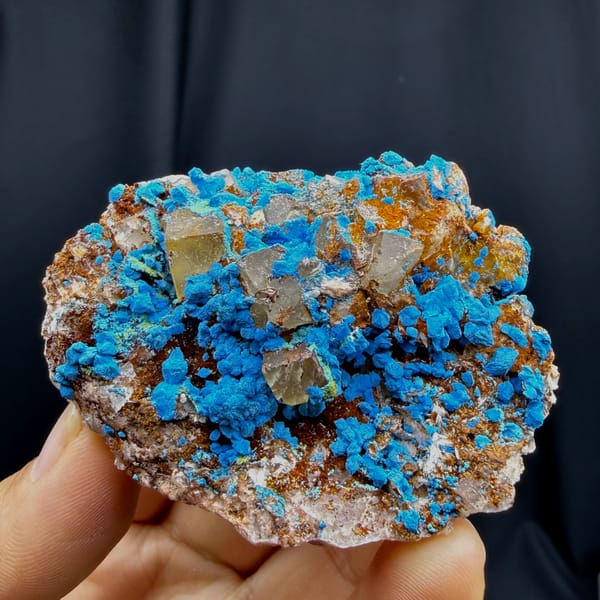 Blue chrysocolla with fluorite cubes from DR Congo — alternate view