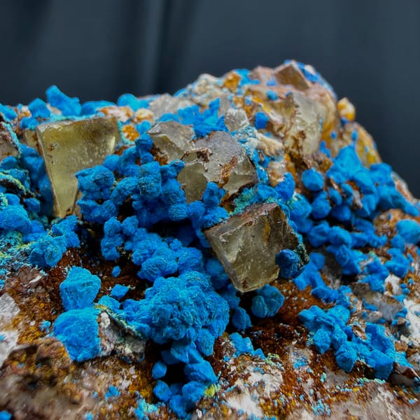Blue chrysocolla with fluorite cubes from DR Congo — detail view
