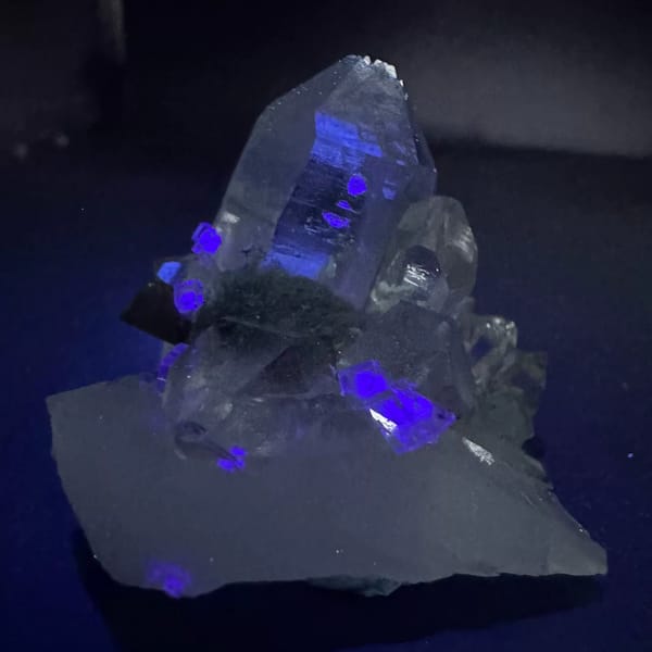Clear Yaogangxian quartz cluster with scheelite, fluorite and mica — alternate view