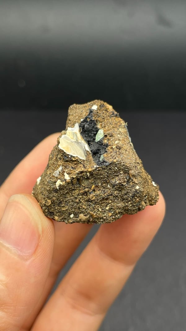 Pale messelite seam in brown host rock from Qujing, Yunnan, China, close-up of the crystal faces