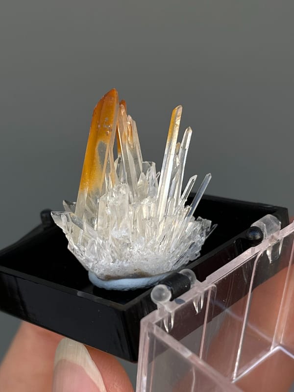 Amber quartz points rising from a white crystal base, Jinkouhe, Sichuan, China, close-up of the crystal faces