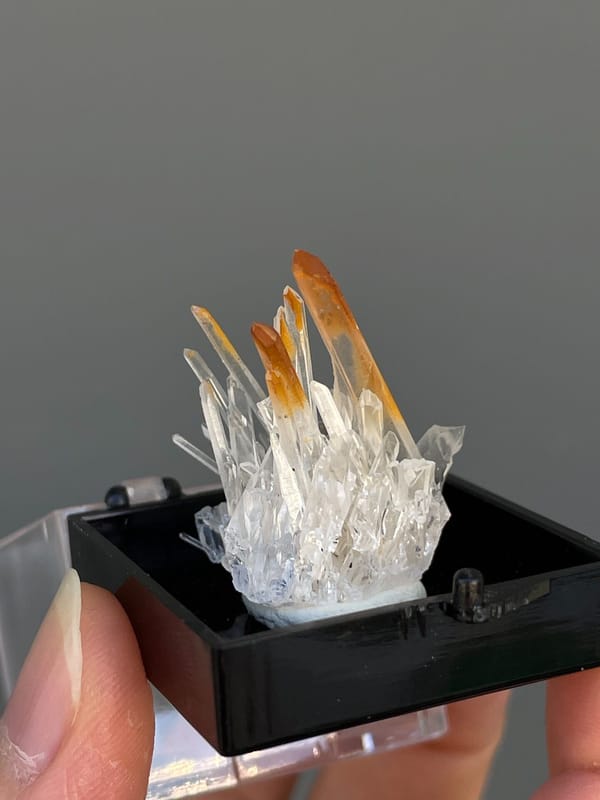 Amber quartz points rising from a white crystal base, Jinkouhe, Sichuan, China, reverse side