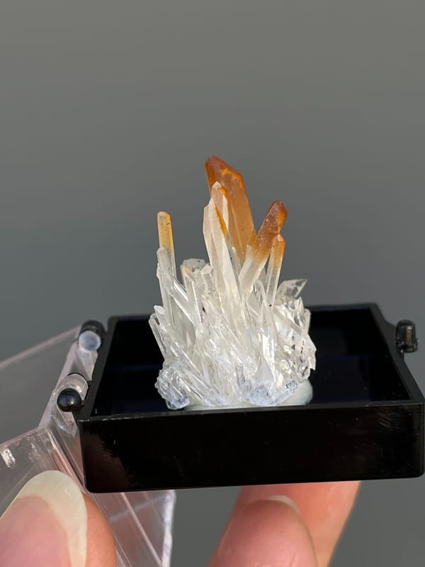 Amber quartz points rising from a white crystal base, Jinkouhe, Sichuan, China, top view