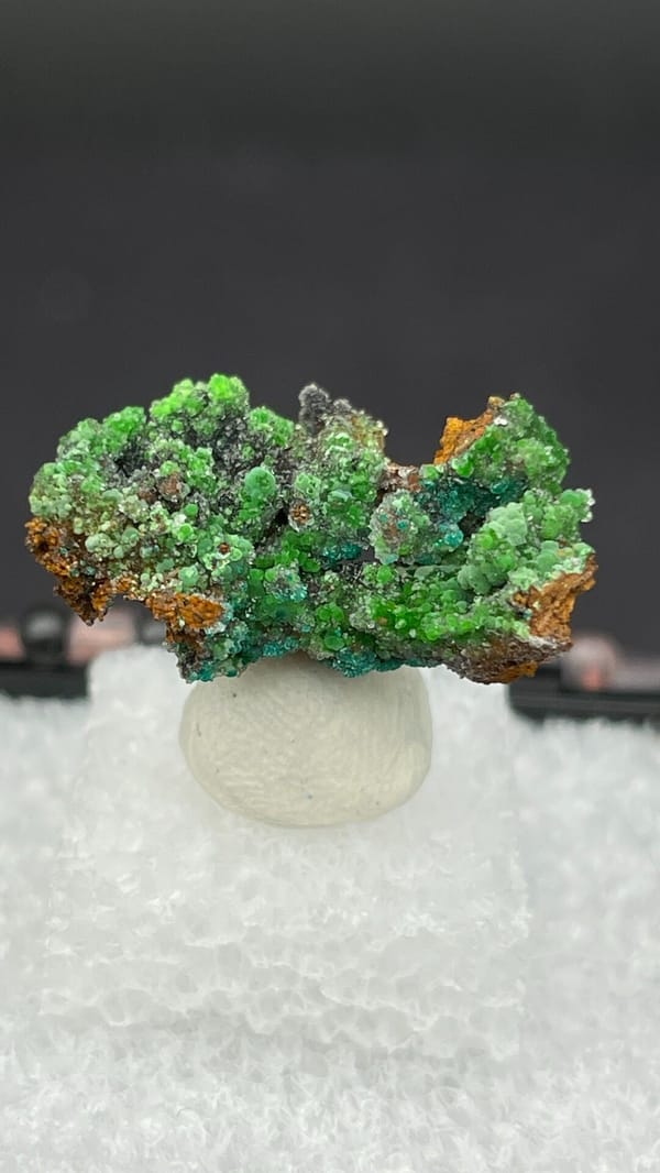 Bright green conichalcite balls on orange matrix from Morocco, in a display box