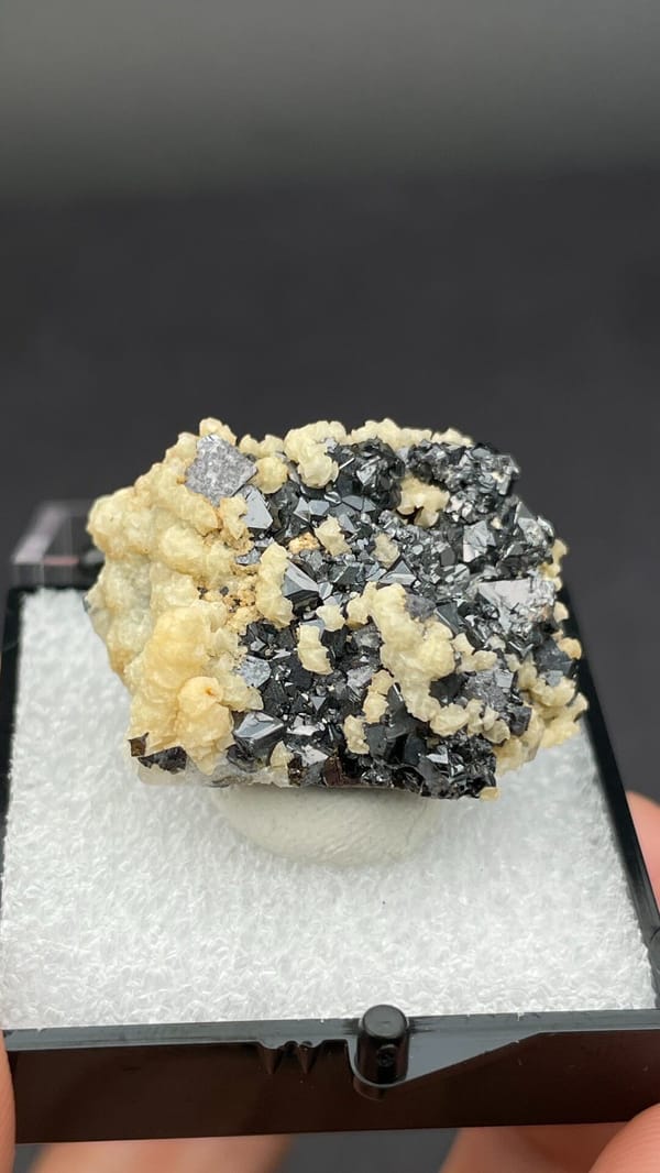Metallic galena crystals in a cream dolomite crust from Bulgaria, in a box, second angle