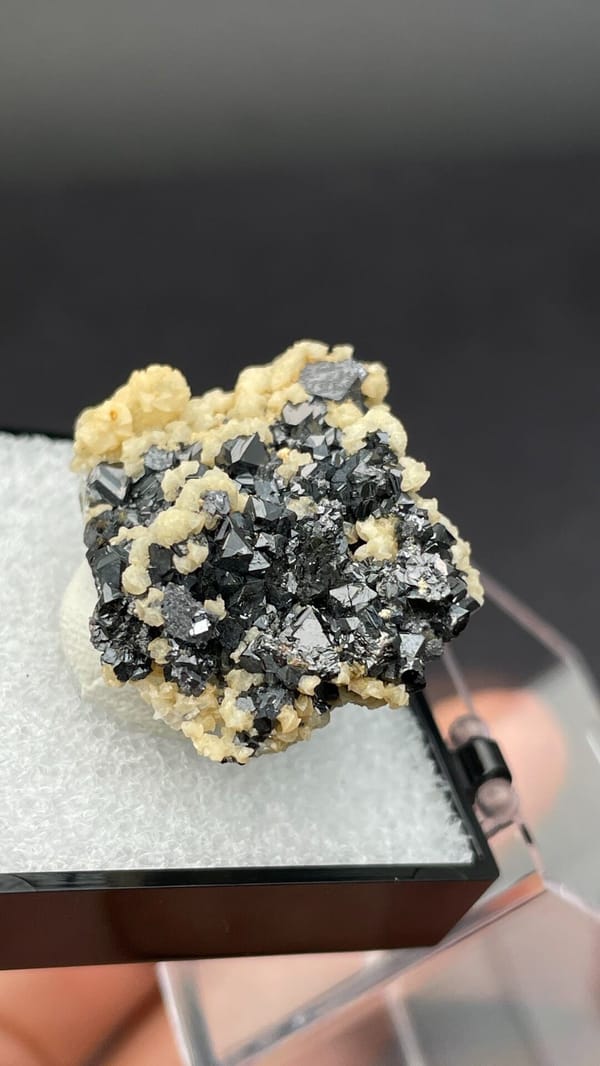 Metallic galena crystals in a cream dolomite crust from Bulgaria, in a box, reverse side