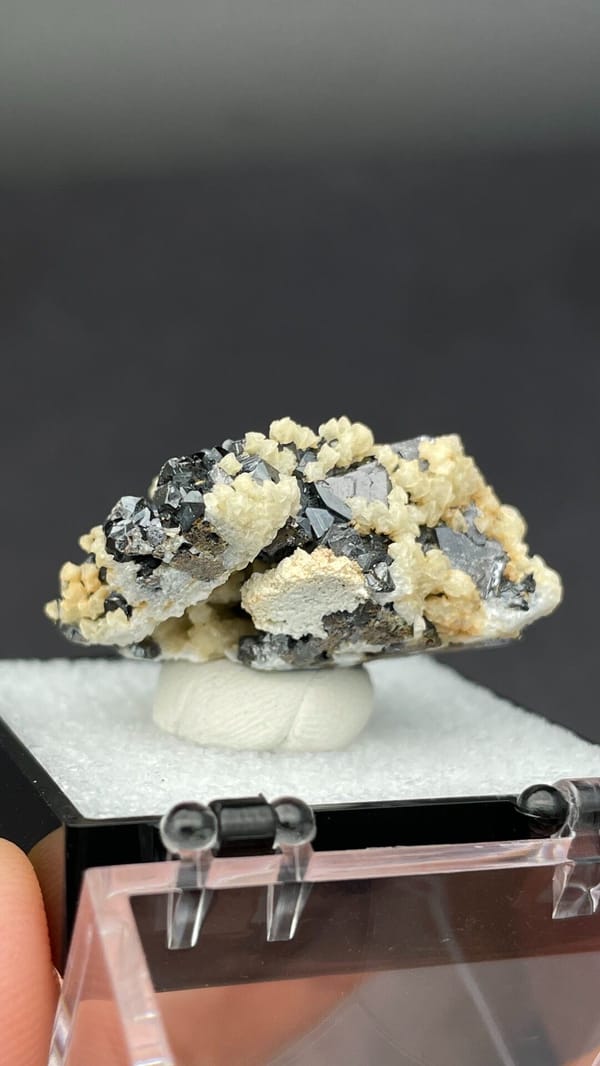 Metallic galena crystals in a cream dolomite crust from Bulgaria, in a box, top view