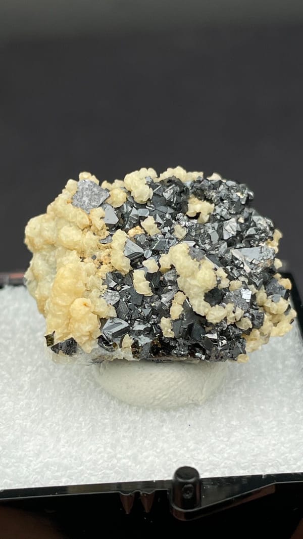 Metallic galena crystals in a cream dolomite crust from Bulgaria, in a box, detail of the matrix contact