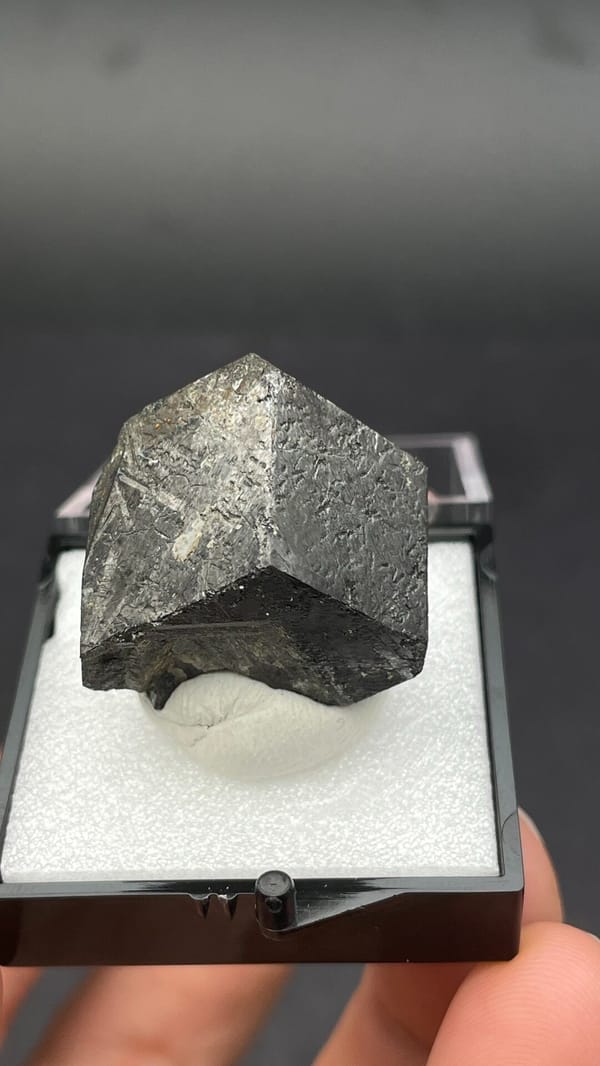 Dark steel-grey magnetite single crystal from Inner Mongolia, China, in a box