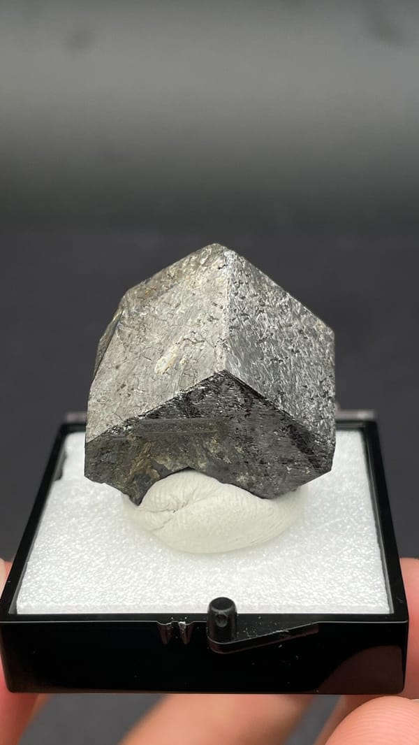 Dark steel-grey magnetite single crystal from Inner Mongolia, China, in a box, top view