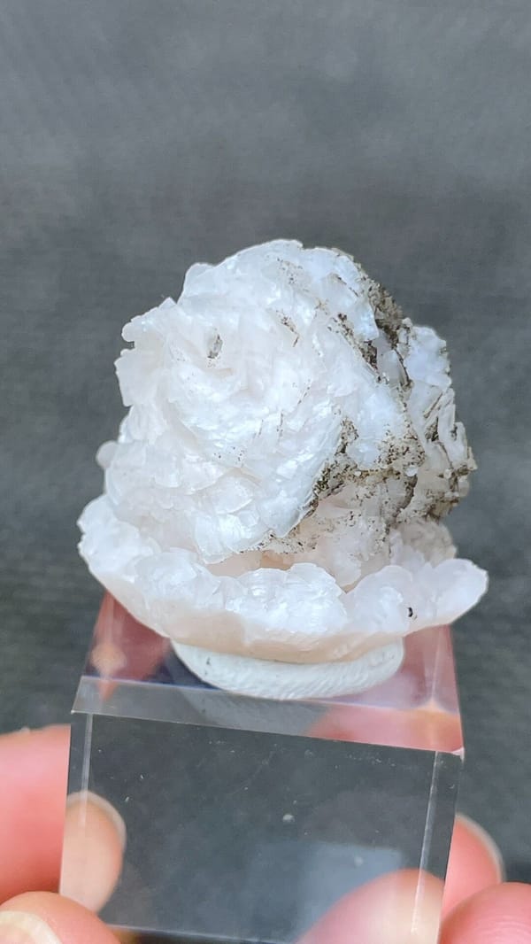White dolomite crystal rosette with dark pyrite from Hunan, China, detail of the matrix contact