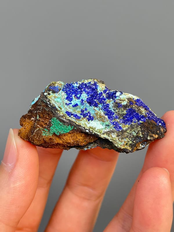 Electric blue azurite with green staining and pale gibbsite, Yunnan, China, second angle