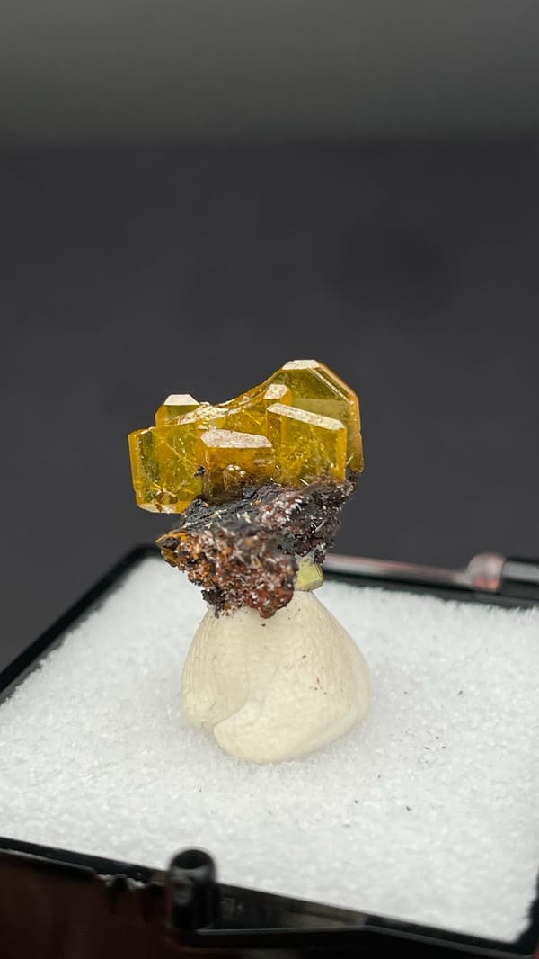 Honey-yellow tabular wulfenite crystal on dark matrix from Mexico, in a box, second angle