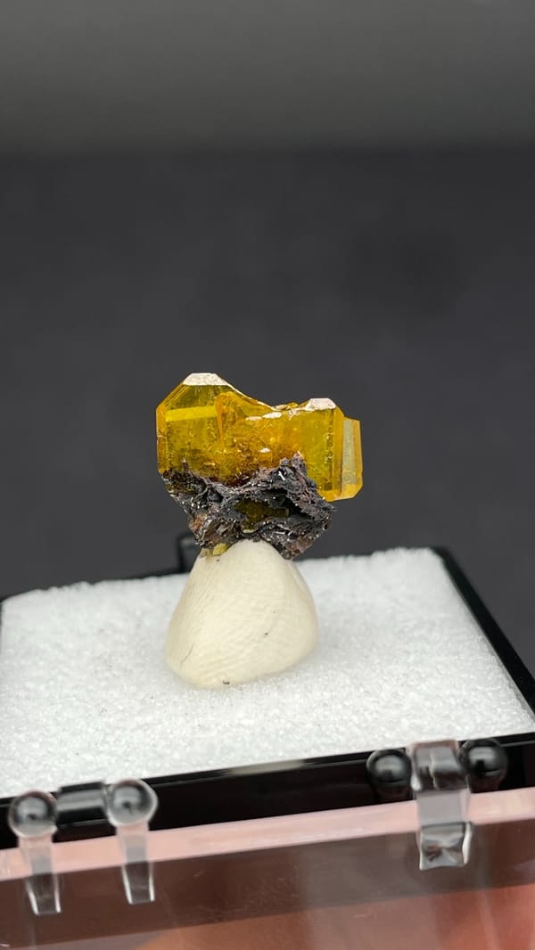Honey-yellow tabular wulfenite crystal on dark matrix from Mexico, in a box, reverse side