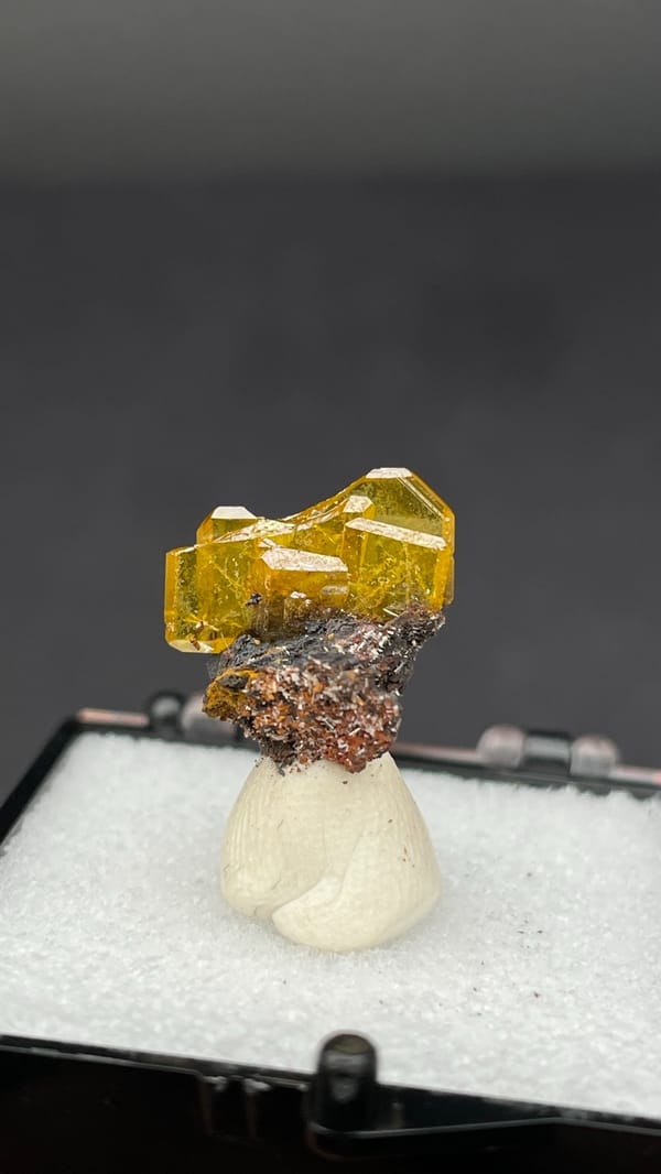 Honey-yellow tabular wulfenite crystal on dark matrix from Mexico, in a box, detail of the matrix contact