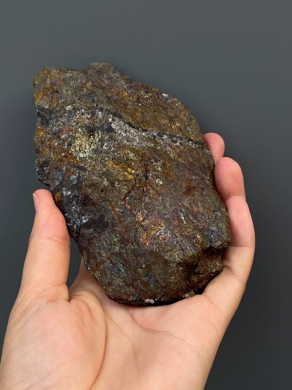 Large iridescent bronze and violet chalcopyrite mass from Hubei, China, second angle