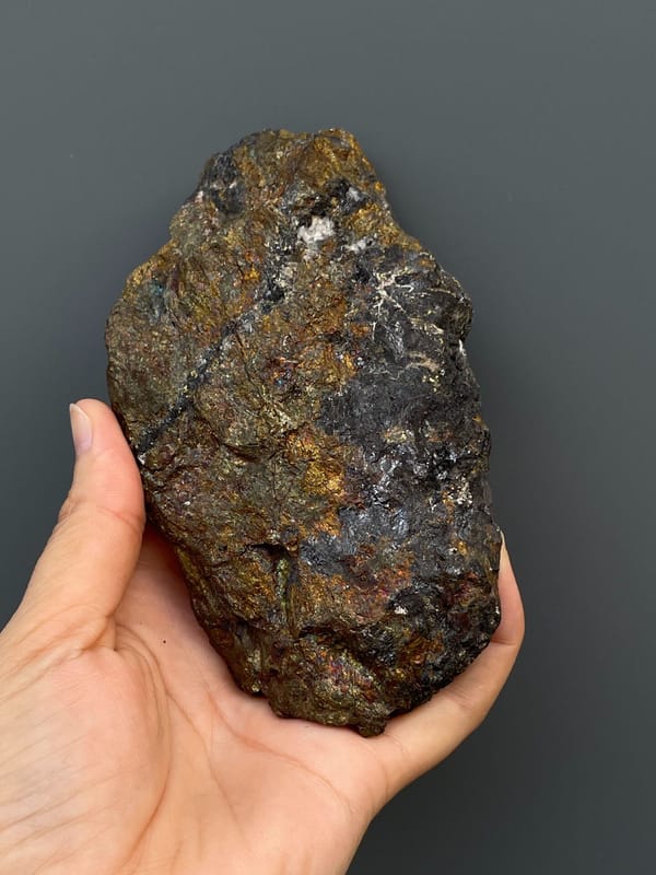 Large iridescent bronze and violet chalcopyrite mass from Hubei, China, reverse side