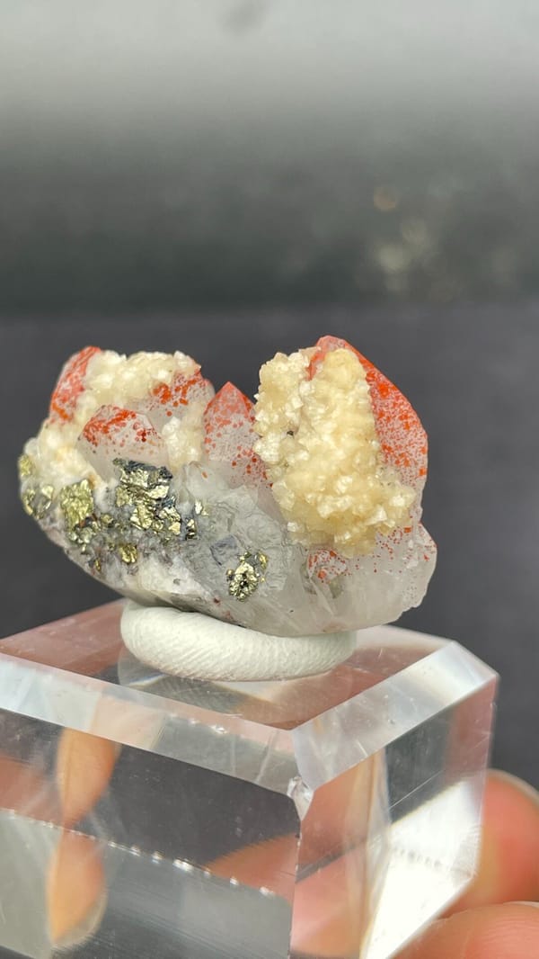 Red-spotted quartz with cream dolomite and brassy pyrite from Jiangxi, China, second angle